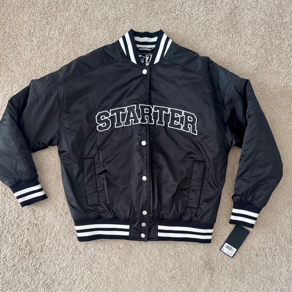 Starter Varsity Jacket Bomber Snap Front Satin Logo Retro Black NEW